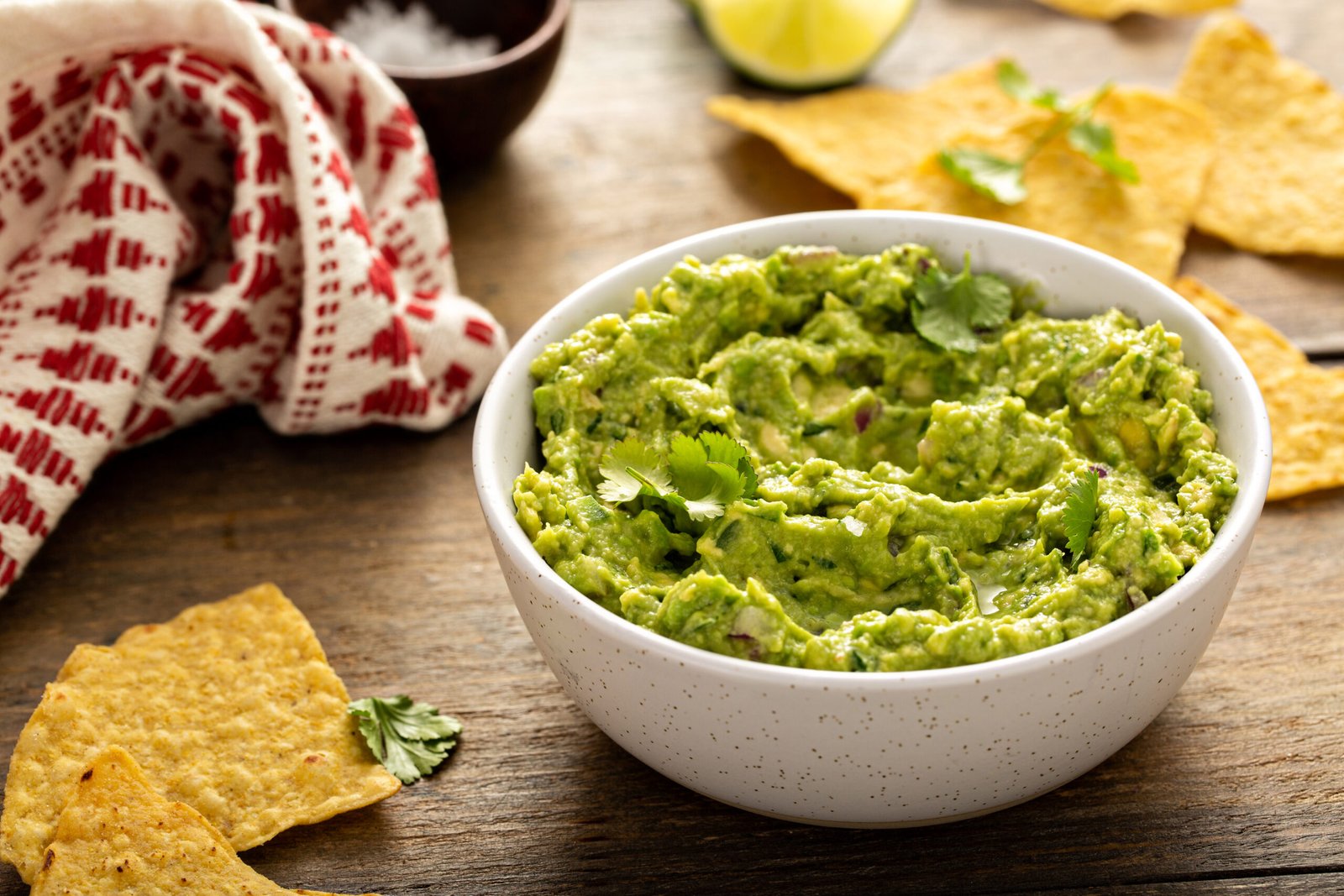 Homemade guacamole freshly made with tortilla chips